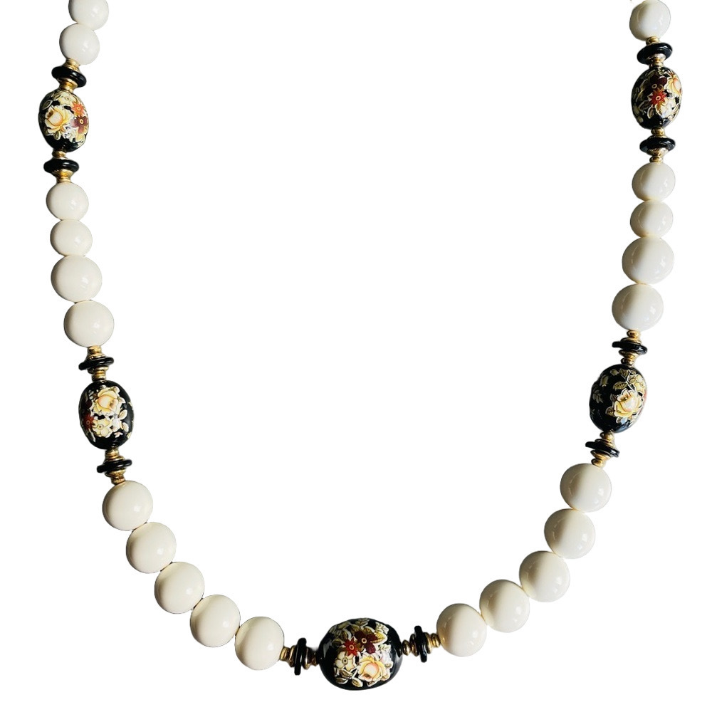 Vintage Painted Wooden Beads Faux Pearl Graduated Asian Necklace Cloison…